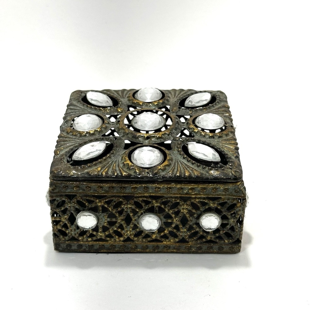 4.5" Jeweled Metal Trinket Box – Lid & Distressed Paint, Boho Decor